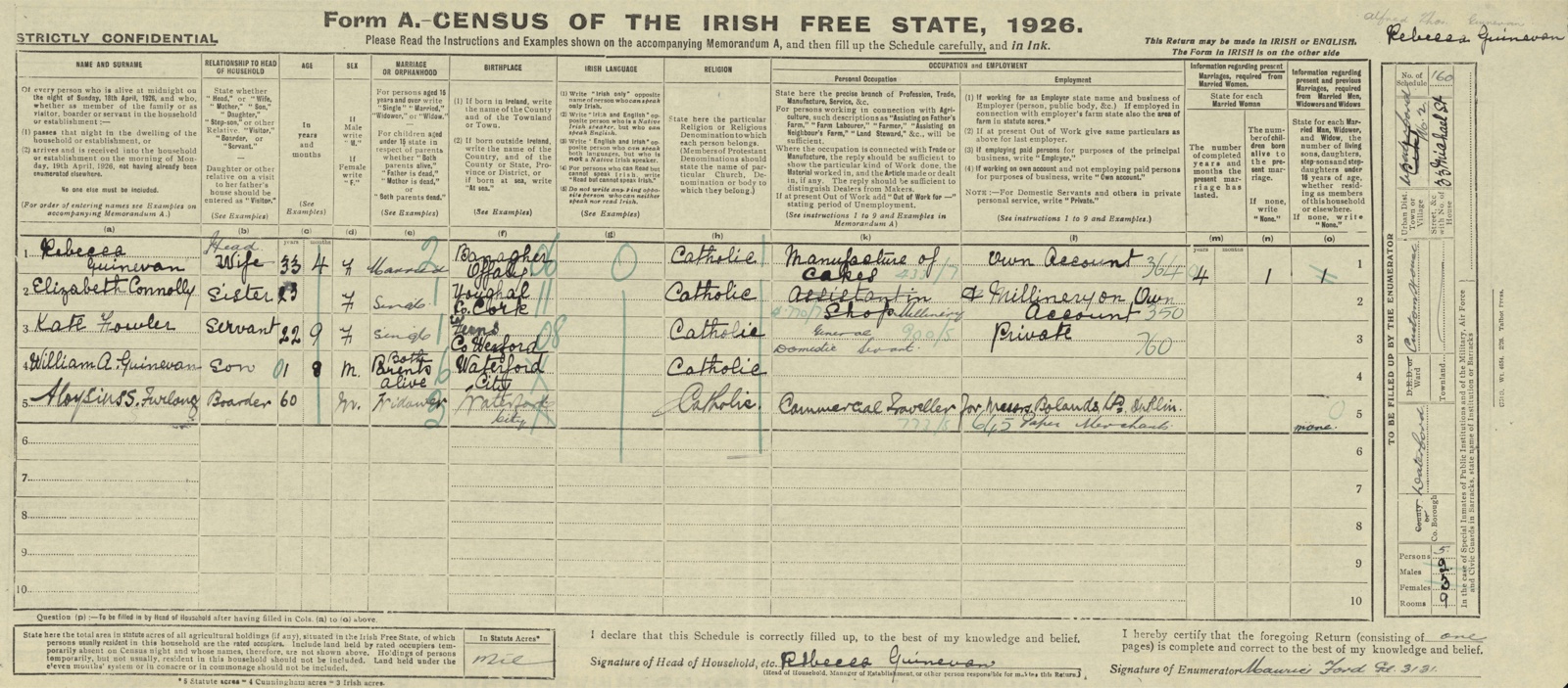 1926 census form — Aloysius Furlong, Michael Street, Waterford