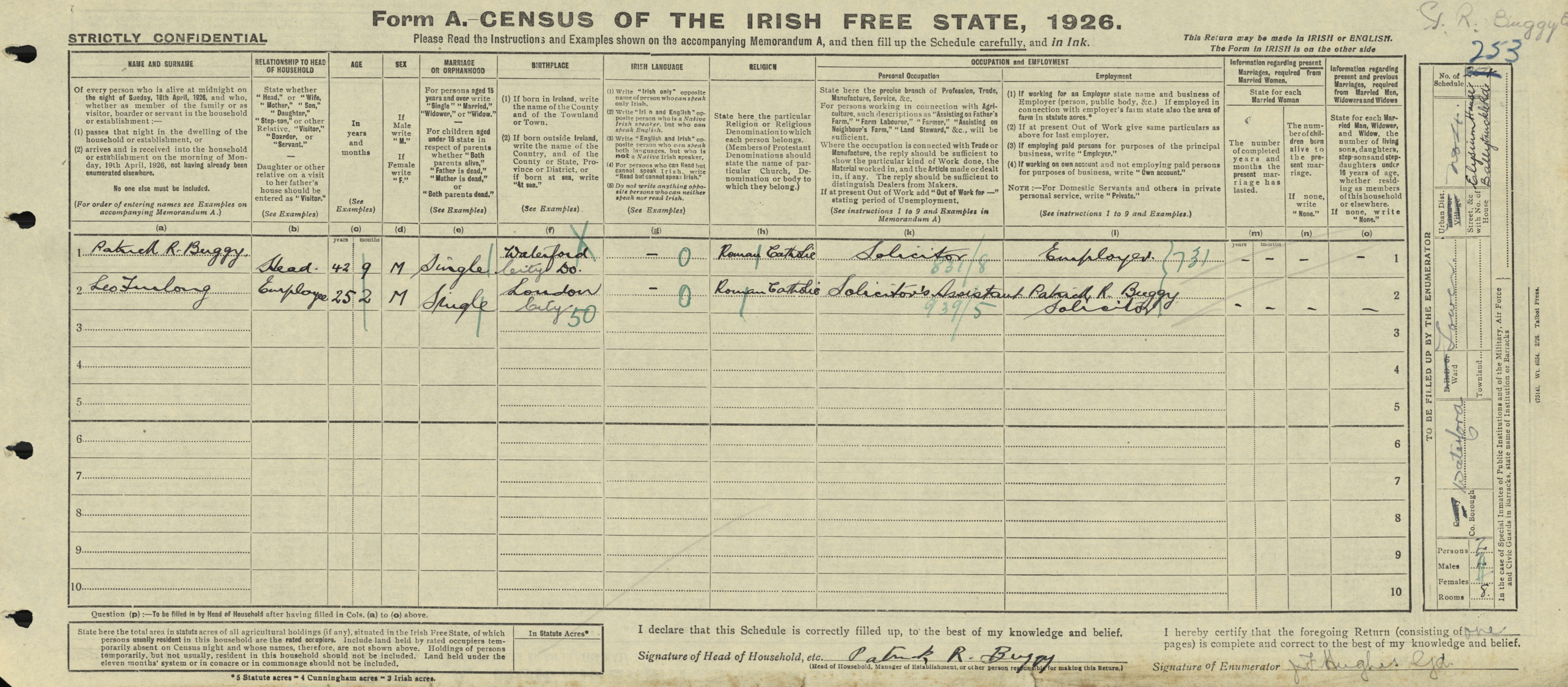 1926 census form — Leo Furlong, Ballytruckle Road, Waterford