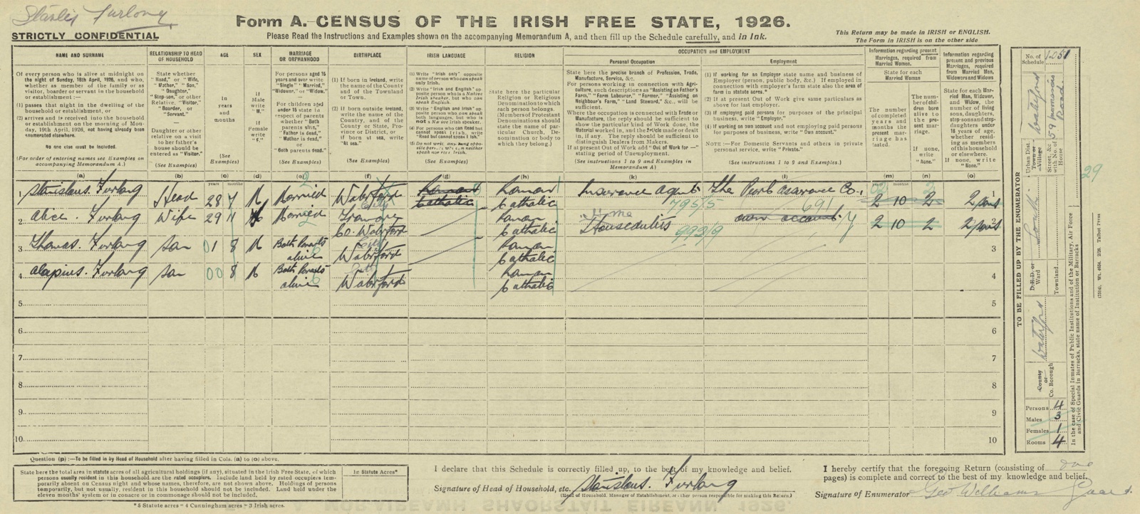 1926 census form — Stanislaus Furlong household, Morrison's Road, Waterford